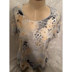 Yellow Gray Shirt Allison Daley Women's Petite Large Short Sleeves Floral